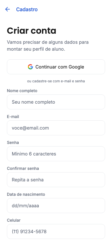 Tela de cadastro do aluno no app ELEVE