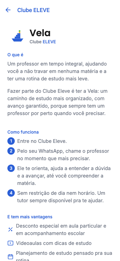 Tela do Clube ELEVE mostrando a Vela, o professor sempre disponível