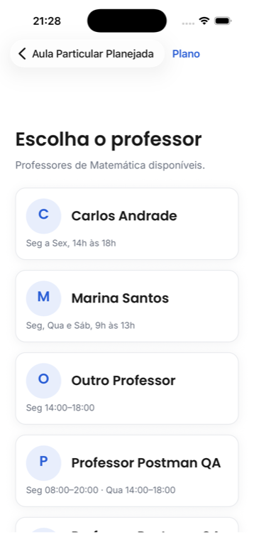 App da ELEVE, Escolha o professor apto