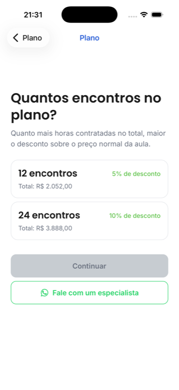 App da ELEVE, Escolha a quantidade de aulas