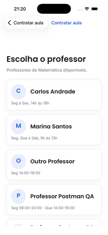 App da ELEVE, Escolha o professor