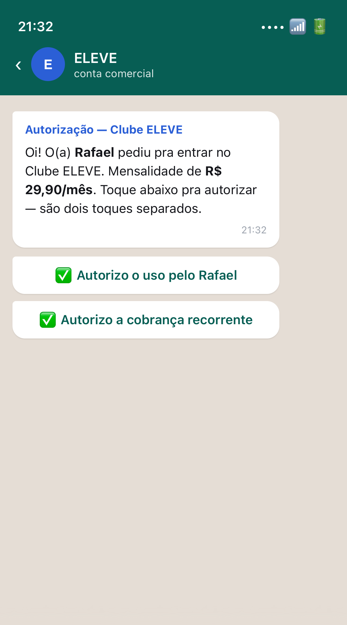 App da ELEVE, Responsável confirma pelo WhatsApp